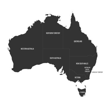 Australia political map of administrative divisions - states and teritorries. Flat dark grey map on white background with province name labels
