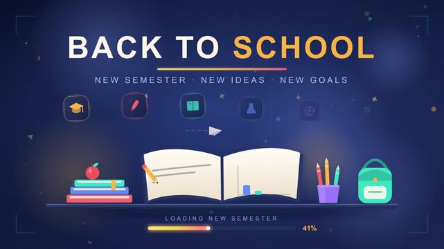 Animated School Supplies Moving and Glowing on Dark Blue Background
