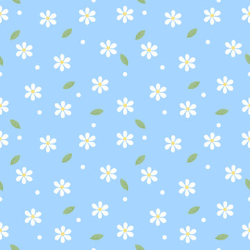 Cute Blue Pastel Daisy Flower Seamless Pattern Background