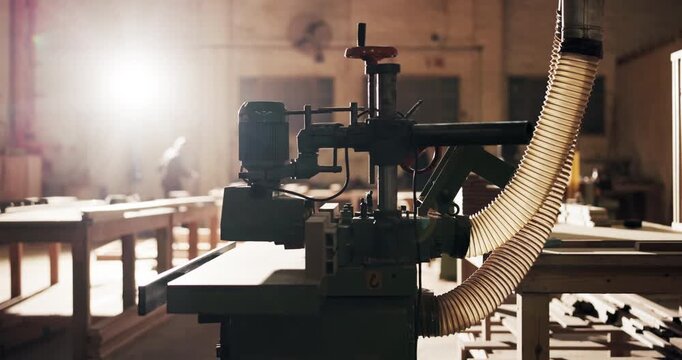 Carpentry, lumber and work tool in factory for craftsmanship, manufacturing or production process. Industry, material and timber with wood in warehouse for furniture business or storage of inventory