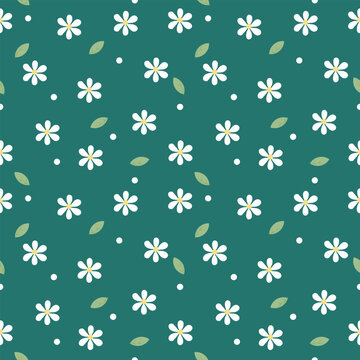 Cute Dark Green Daisy Flower Seamless Pattern Background