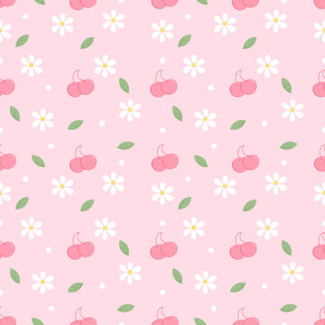 Cute Pink Pastel Cherry and Daisy Seamless Pattern Background