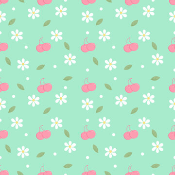 Cute Mint Green Pastel Cherry and Daisy Seamless Pattern Background