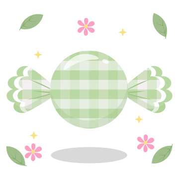 Cute Lime Green Gingham Candy with Flower and Leaf Decor Vector
