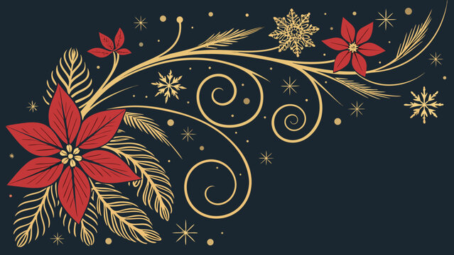 Elegant Festive Background with Red Poinsettia and Golden Swirls