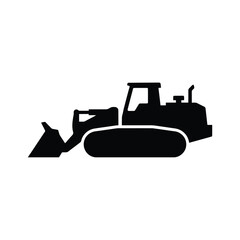A black silhouette of a bulldozer on a white background representing heavy construction machinery silhouette dozer equipment vehicle © Tushar02
