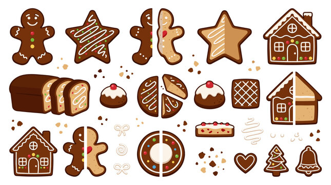 Set of gingerbread cookies and festive holiday treats, decorated house, man, star, Christmas baking elements, traditional winter seasonal food icons