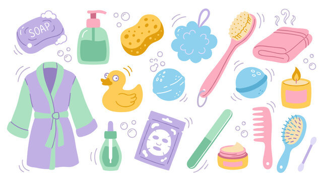Set of bathroom accessories including bathrobe, soap, rubber duck, towel, candle, and skincare items, perfect for wellness and self care branding