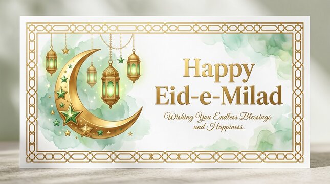 Minimalist Eid-e-Milad greeting card with gold moon and stars