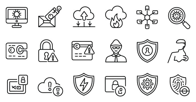 Cyber security icon set, data breach, computer malware, phishing email, network virus, firewall, credit card fraud, line vector illustration.