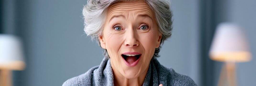 Close-up portrait of an elderly woman with an exaggerated surprised expression, positive shock reaction.