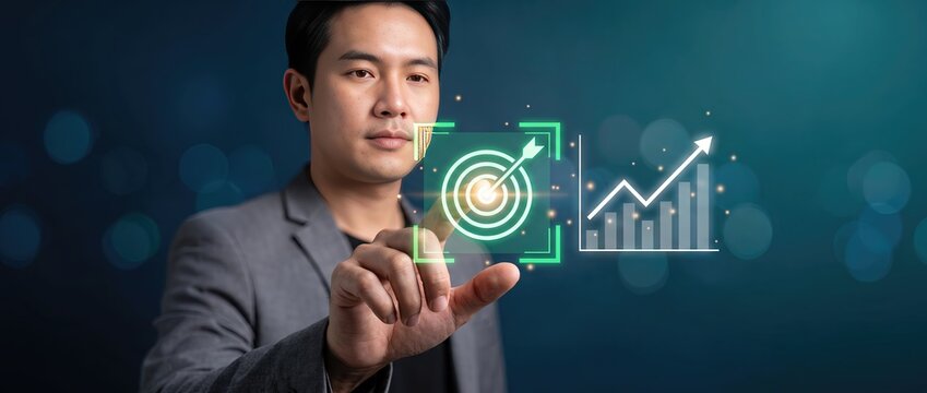 Business professional interacting with digital interfaces analyzing growth trends and performance metrics emphasizing the importance of data driven decision making.