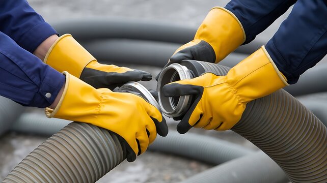 Industrial workers connecting large flexible gray hoses with metal coupling wearing protective yellow gloves for utility infrastructure repair
