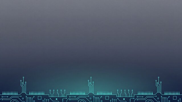 Abstract circuit board skyline along bottom edge with large clean gradient above, technology background with wide copy space for text