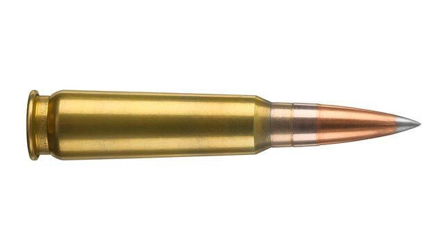 Single brass rifle bullet on display