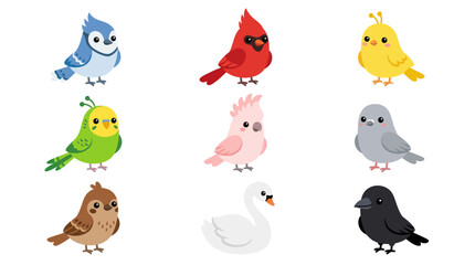 Collection of diverse cartoon birds isolated © BIGO