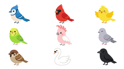 Collection of diverse cartoon birds isolated © BIGO