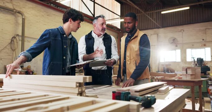 Carpenter, people and design in workshop with tablet, clipboard or planning for furniture production. Manager, team and discussion in factory with tech, carpentry designer or manufacturing supervisor