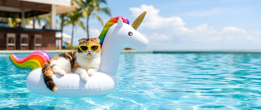 Funny calico Scottish Fold cat wearing yellow sunglasses relaxing on a rainbow unicorn inflatable in a tropical resort swimming pool with palm trees and ocean view on a sunny summer day