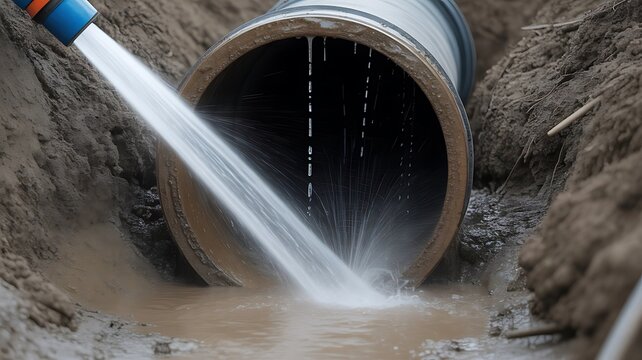 Pressure water jet cleaning a large underground concrete pipe in an open trench with muddy soil walls during construction and maintenance work