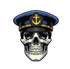 Fototapeta premium Detailed vintage hand drawn graphic of a human skull wearing a navy captain hat with an anchor emblem