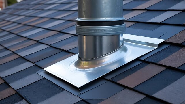 Stainless steel chimney flue pipe installed on a dark grey tiled roof with metal flashing and waterproof sealant for residential heating ventilation