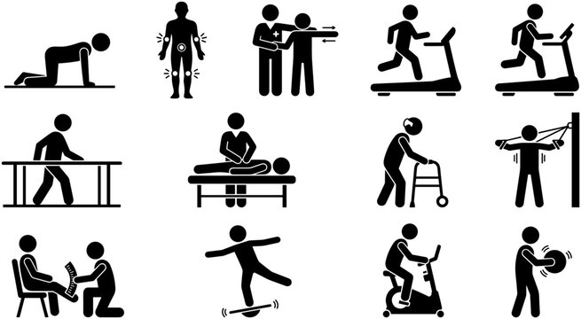 Set of Physical Therapy and Rehabilitation Exercises Icons.