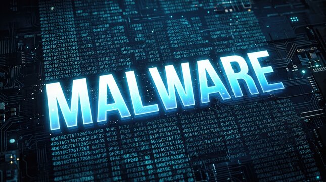 Glowing digital text displaying malware on circuit board background with hexadecimal code with malware prominently centered glowing blue illuminated