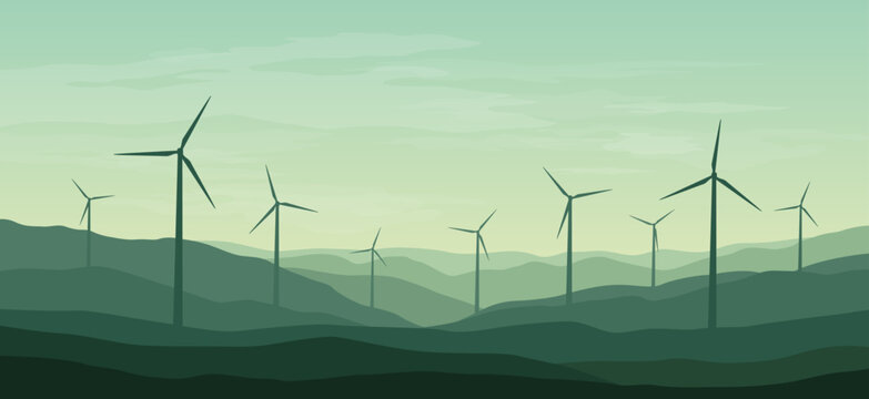 Minimal green vector panoramic landscape with silhouettes of hills and wind turbines - renewable energy, sustainability, ecology