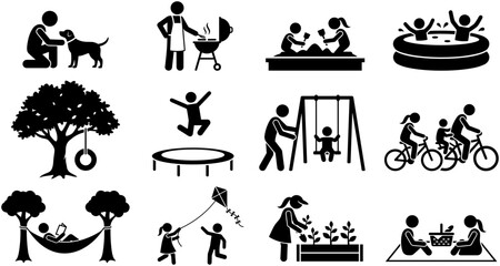 Obraz premium Family outdoor activities and leisure time stick figure icons.