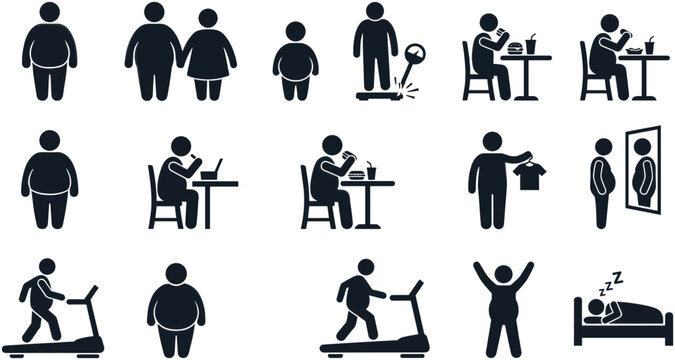 Set of stick figure icons representing overweight people and healthy lifestyle habits.