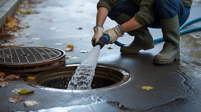 Worker wearing protective gloves and rubber boots cleaning a city storm drain with a water hose on a wet street with autumn leaves