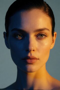 Close-up portrait of a young woman's face with dramatic lighting, half in shadow, half in warm glow. Use: beauty campaign, fashion magazine, cosmet...