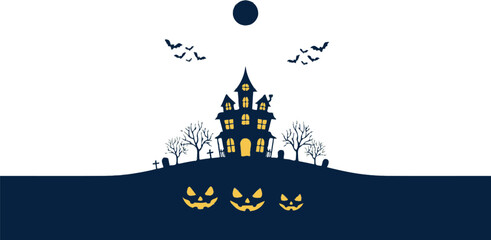 Spooky haunted house with glowing windows bats and jack o lanterns under a full moon © MDRAJU