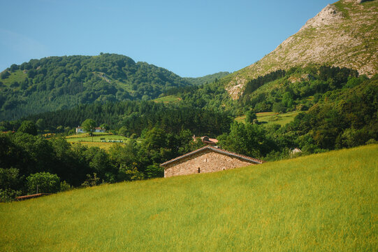 Traditional Basque stone house surrounded by green meadow and forested mountains in Atxondo valley.