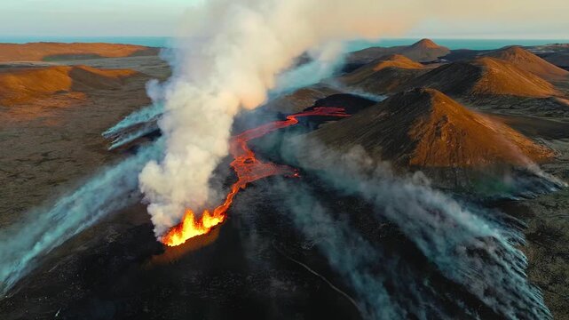 Aerial view of active volcano eruption with lava flows and smoke plumes rising above volcanic landscape terrain.