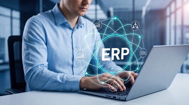 Businessman using ERP software on laptop. Professional managing enterprise resource planning.