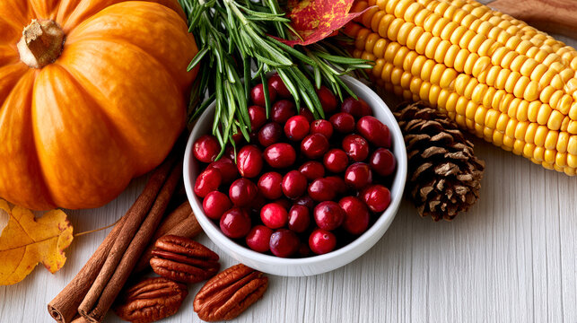 Thanksgiving autumn arrangement with pumpkin cranberries corn pecans cinnamon rosemary and leaves