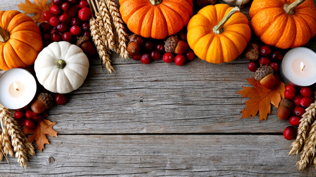 Thanksgiving autumn background with pumpkins cranberries candles wheat leaves and copy space
