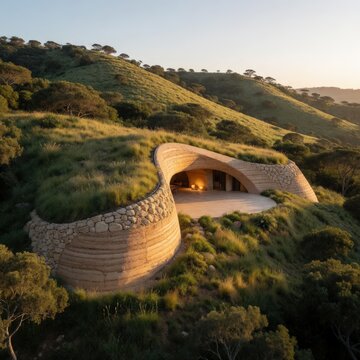 Unique earth-sheltered home integrated into a grassy hillside at sunset. Use: architectural magazine, eco-friendly living, real estate.