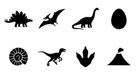 Dinosaur Icons Set, Prehistoric Creatures Vector Graphics, Jurassic Era Silhouettes, Paleontology Elements Collection © Zubaraj