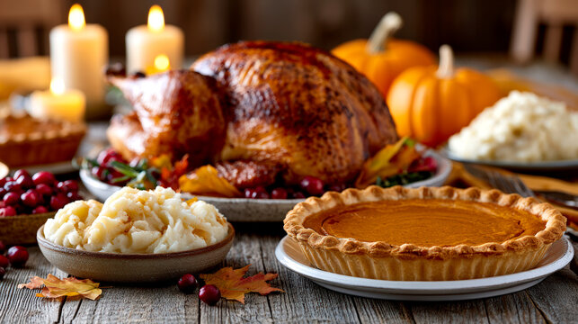 Traditional Thanksgiving feast with roasted turkey pumpkin pie mashed potatoes and candles