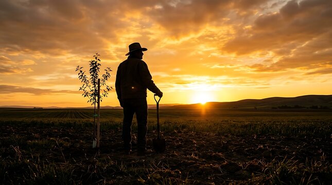 Farmer Silhouette in Field at Sunset for World Farmers Day