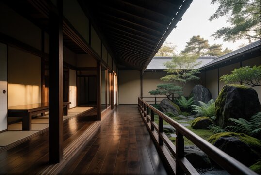 Sunlight illuminates a traditional Japanese corridor overlooking a tranquil garden with rocks and foliage. Use: travel brochure, architectural maga...