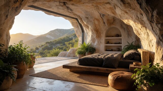 Cave dwelling interior with bed and panoramic mountain view at sunrise. Use: interior design, travel brochure, eco-tourism promotion.