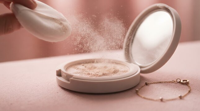 Loose Face Powder in Compact with Mirror and Puff on Pink Background