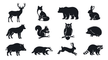 Fototapeta premium Black silhouettes of wild forest animals featuring deer bear fox wolf and many woodland creatures