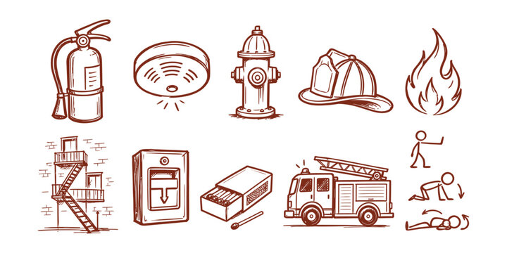 fire safety firefighting equipment element collection doodle icon set vector illustration
