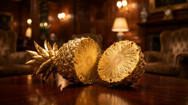 Golden sliced pineapple on a polished wooden table in a luxurious classic interior, concept of wealth.