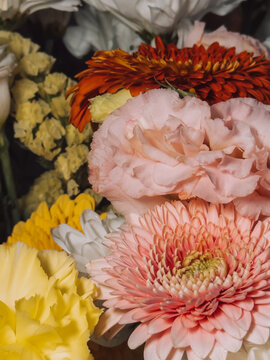 Colorful bouquet with pink rose, gerbera daisy and chrysanthemum flowers.